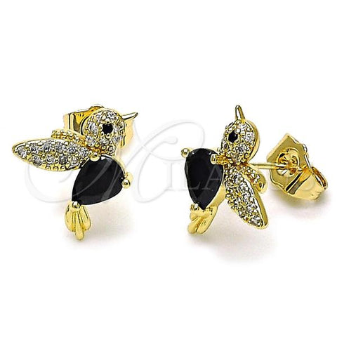 Oro Laminado Stud Earring, Gold Filled Style Bird Design, with Black Cubic Zirconia and White Micro Pave, Polished, Golden Finish, 02.210.0404.4