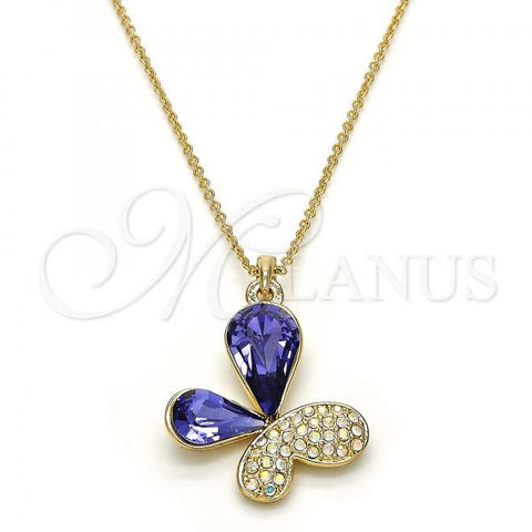 Oro Laminado Pendant Necklace, Gold Filled Style Butterfly Design, with Tanzanite and Aurore Boreale Swarovski Crystals, Polished, Golden Finish, 04.239.0043.6.18