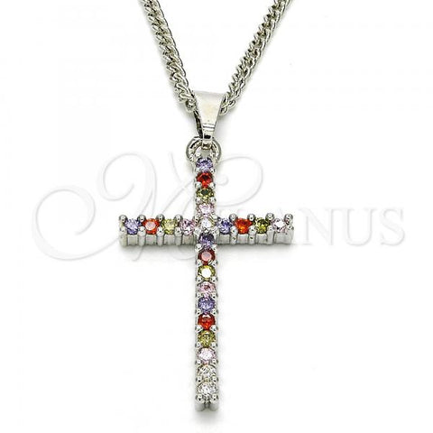 Rhodium Plated Pendant Necklace, Cross Design, with Multicolor Cubic Zirconia, Polished, Rhodium Finish, 04.284.0013.7.22