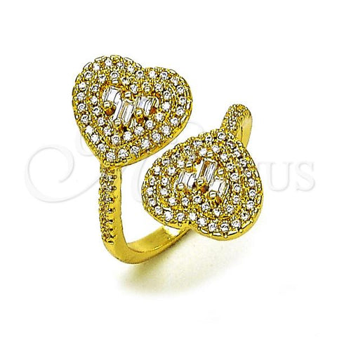 Oro Laminado Multi Stone Ring, Gold Filled Style Heart and Baguette Design, with White Cubic Zirconia and White Micro Pave, Polished, Golden Finish, 01.341.0160