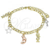 Oro Laminado Charm Bracelet, Gold Filled Style Moon and Star Design, Polished, Tricolor, 03.351.0116.07