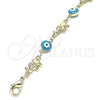 Oro Laminado Fancy Bracelet, Gold Filled Style Evil Eye and Elephant Design, Turquoise Enamel Finish, Golden Finish, 03.351.0107.1.07