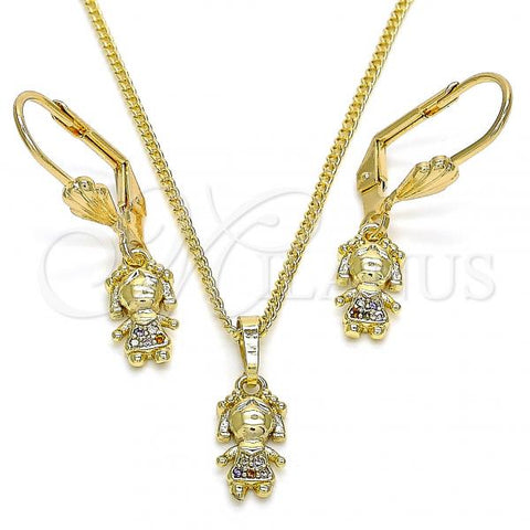 Oro Laminado Earring and Pendant Adult Set, Gold Filled Style Little Girl Design, with Multicolor Micro Pave, Polished, Golden Finish, 10.316.0056.1
