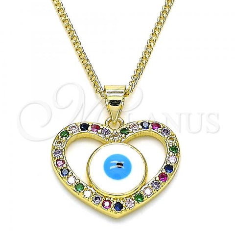 Oro Laminado Pendant Necklace, Gold Filled Style Evil Eye and Heart Design, with Multicolor Micro Pave, White Enamel Finish, Golden Finish, 04.156.0424.1.20