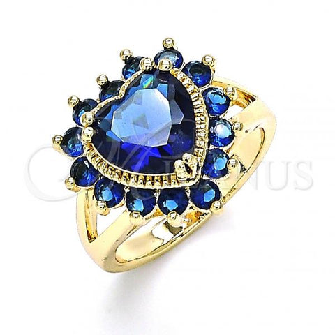 Oro Laminado Multi Stone Ring, Gold Filled Style Heart Design, with Sapphire Blue Cubic Zirconia, Polished, Golden Finish, 01.346.0018.4.08