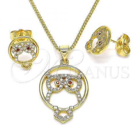 Oro Laminado Earring and Pendant Adult Set, Gold Filled Style Owl Design, with White and Garnet Micro Pave, Polished, Golden Finish, 10.156.0374
