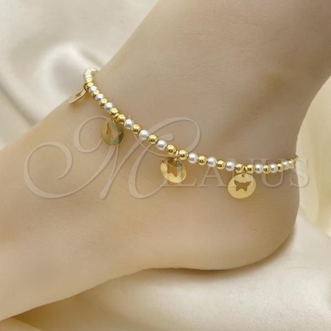 Oro Laminado Fancy Anklet, Gold Filled Style Butterfly and Ball Design, with Ivory Pearl, Polished, Golden Finish, 03.32.0631.10