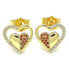 Oro Laminado Stud Earring, Gold Filled Style Heart Design, with Garnet and White Micro Pave, Polished, Golden Finish, 02.156.0501.1
