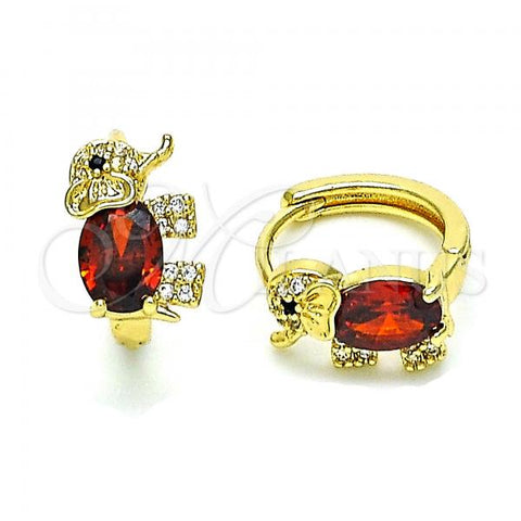 Oro Laminado Huggie Hoop, Gold Filled Style Elephant Design, with Garnet Cubic Zirconia and White Micro Pave, Polished, Golden Finish, 02.344.0134.1.15