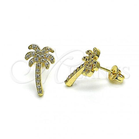 Oro Laminado Stud Earring, Gold Filled Style Palm Tree Design, with White Micro Pave, Polished, Golden Finish, 02.193.0012
