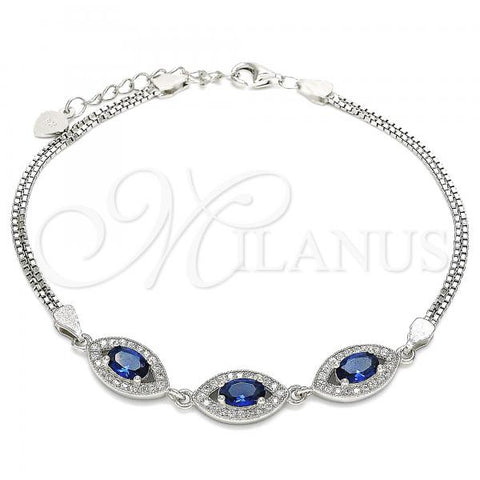 Sterling Silver Fancy Bracelet, with Sapphire Blue Cubic Zirconia and White Micro Pave, Polished, Rhodium Finish, 03.286.0016.2.07