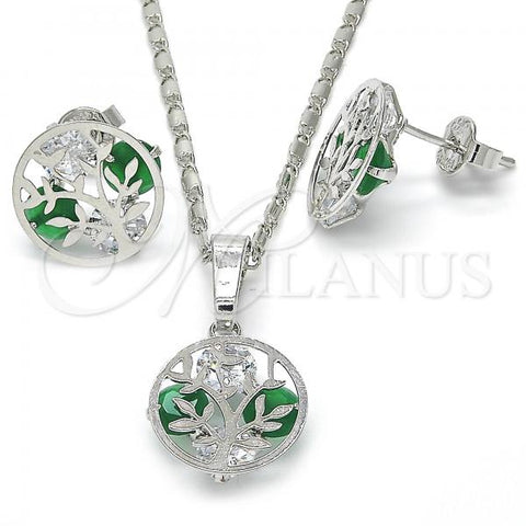 Rhodium Plated Earring and Pendant Adult Set, Tree Design, with Green and White Cubic Zirconia, Polished, Rhodium Finish, 10.106.0014.3