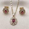 Oro Laminado Earring and Pendant Adult Set, Gold Filled Style Cluster Design, with Ruby and White Cubic Zirconia, Polished, Golden Finish, 10.196.0186.1