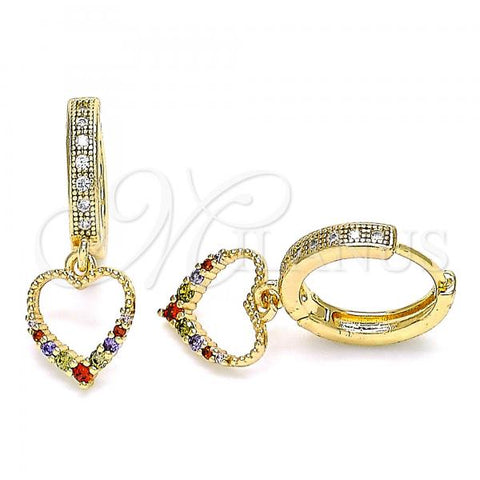 Oro Laminado Huggie Hoop, Gold Filled Style Heart Design, with Multicolor Micro Pave, Polished, Golden Finish, 02.316.0071.1.15