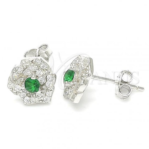 Sterling Silver Stud Earring, Flower Design, with Green and White Cubic Zirconia, Polished, Rhodium Finish, 02.371.0003.1