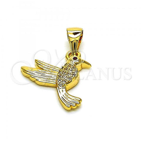 Oro Laminado Fancy Pendant, Gold Filled Style Bird Design, with White and Ruby Micro Pave, Polished, Golden Finish, 05.342.0161