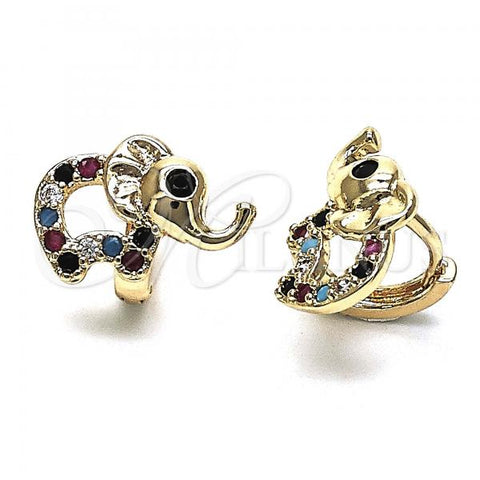 Oro Laminado Huggie Hoop, Gold Filled Style Elephant Design, with Multicolor Micro Pave, Polished, Golden Finish, 02.26.0291.3.15