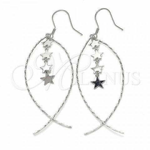Sterling Silver Long Earring, Star Design, Polished, Rhodium Finish, 02.367.0002