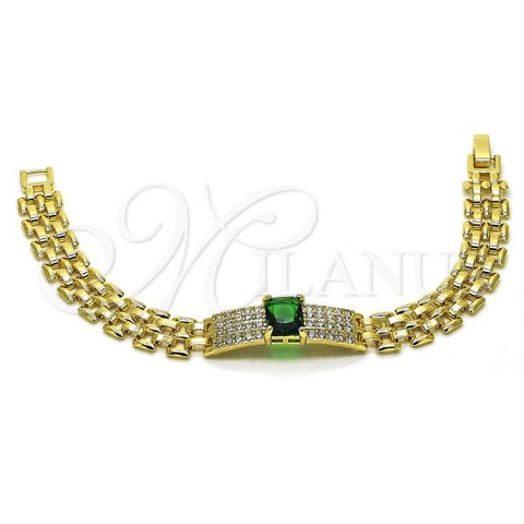 Oro Laminado Fancy Bracelet, Gold Filled Style Bismark Design, with Green Cubic Zirconia and White Micro Pave, Polished, Golden Finish, 03.283.0303.07