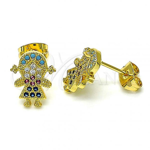 Oro Laminado Stud Earring, Gold Filled Style Little Girl Design, with Multicolor Micro Pave, Polished, Golden Finish, 02.341.0033