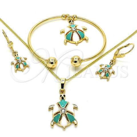 Oro Laminado Necklace, Bracelet, Earring and Ring, Gold Filled Style Turtle Design, with White Crystal, Turquoise Enamel Finish, Golden Finish, 10.63.0589.1