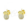 Oro Laminado Stud Earring, Gold Filled Style Pineapple Design, with White Micro Pave, Polished, Golden Finish, 02.156.0543