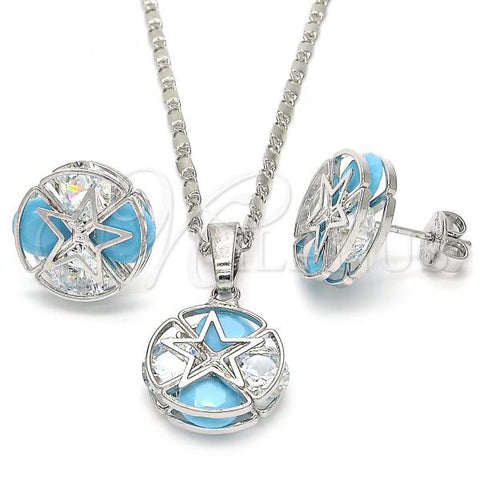 Rhodium Plated Earring and Pendant Adult Set, Star Design, with Turquoise and White Cubic Zirconia, Polished, Rhodium Finish, 10.106.0004.3