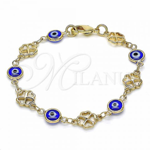 Oro Laminado Fancy Bracelet, Gold Filled Style Evil Eye and Four-leaf Clover Design, Blue Resin Finish, Golden Finish, 03.326.0011.2.06