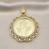 Oro Laminado Religious Pendant, Gold Filled Style San Judas and Centenario Coin Design, with White Cubic Zirconia, Polished, Golden Finish, 05.380.0161.1