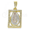 Oro Laminado Religious Pendant, Gold Filled Style Guadalupe Design, Polished, Tricolor, 05.351.0140.1
