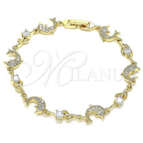 Oro Laminado Fancy Bracelet, Gold Filled Style Dolphin and Leaf Design, with White Micro Pave and White Cubic Zirconia, Polished, Golden Finish, 03.210.0145.08