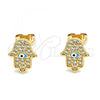 Oro Laminado Stud Earring, Gold Filled Style Hand of God Design, with White Micro Pave, Turquoise Enamel Finish, Golden Finish, 02.213.0268.1