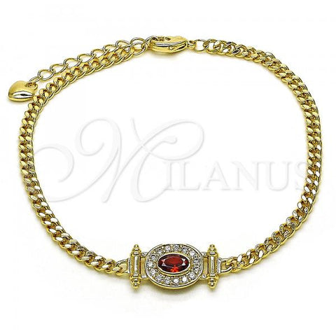 Oro Laminado Fancy Bracelet, Gold Filled Style Miami Cuban Design, with Garnet Cubic Zirconia and White Micro Pave, Polished, Golden Finish, 03.213.0178.2.07