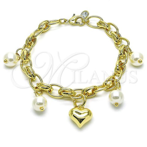 Oro Laminado Charm Bracelet, Gold Filled Style Heart and Ball Design, with Ivory Pearl and White Cubic Zirconia, Polished, Golden Finish, 03.331.0258.08
