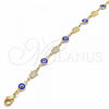 Oro Laminado Fancy Anklet, Gold Filled Style Evil Eye and Hand of God Design, Blue Resin Finish, Golden Finish, 03.326.0007.1.10