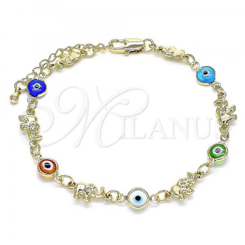 Oro Laminado Fancy Bracelet, Gold Filled Style Elephant and Evil Eye Design, Multicolor Resin Finish, Golden Finish, 03.351.0128.08