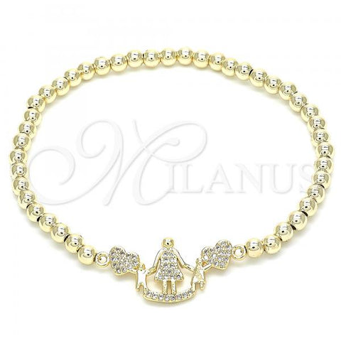 Oro Laminado Fancy Bracelet, Gold Filled Style Expandable Bead and Heart Design, with White Cubic Zirconia, Polished, Golden Finish, 03.299.0032.07