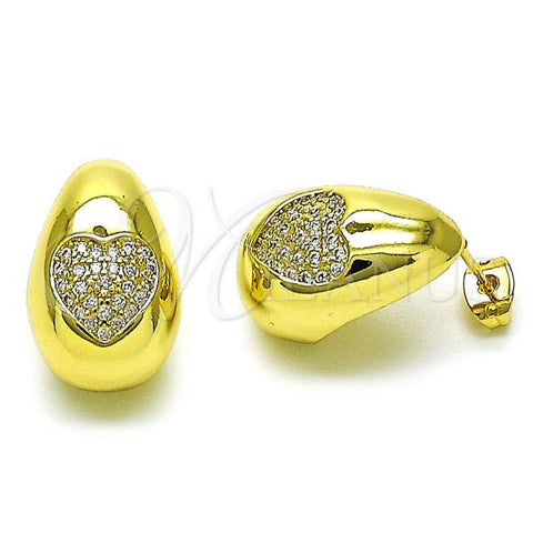 Oro Laminado Stud Earring, Gold Filled Style Chunky and Heart Design, with White Micro Pave, Polished, Golden Finish, 02.341.0177