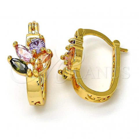 Oro Laminado Small Hoop, Gold Filled Style Leaf Design, with Multicolor Cubic Zirconia, Polished, Golden Finish, 02.196.0080.1.15