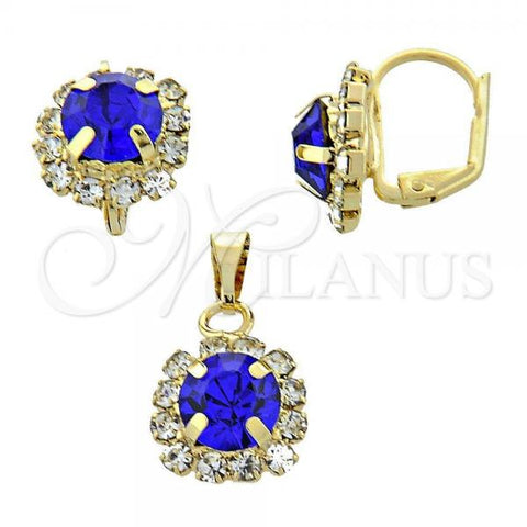 Oro Laminado Earring and Pendant Adult Set, Gold Filled Style Flower Design, with Sapphire Blue and White Cubic Zirconia, Polished, Golden Finish, 10.122.0001