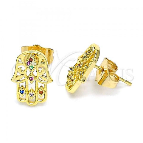 Oro Laminado Stud Earring, Gold Filled Style Hand of God Design, with Multicolor Micro Pave, Polished, Golden Finish, 02.310.0040