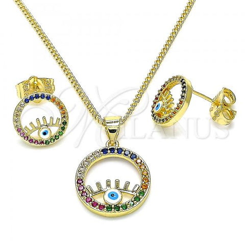 Oro Laminado Earring and Pendant Adult Set, Gold Filled Style Evil Eye Design, with Multicolor Micro Pave, White Enamel Finish, Golden Finish, 10.156.0368
