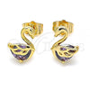 Oro Laminado Stud Earring, Gold Filled Style Swan Design, with Amethyst Cubic Zirconia, Polished, Golden Finish, 02.387.0002.1
