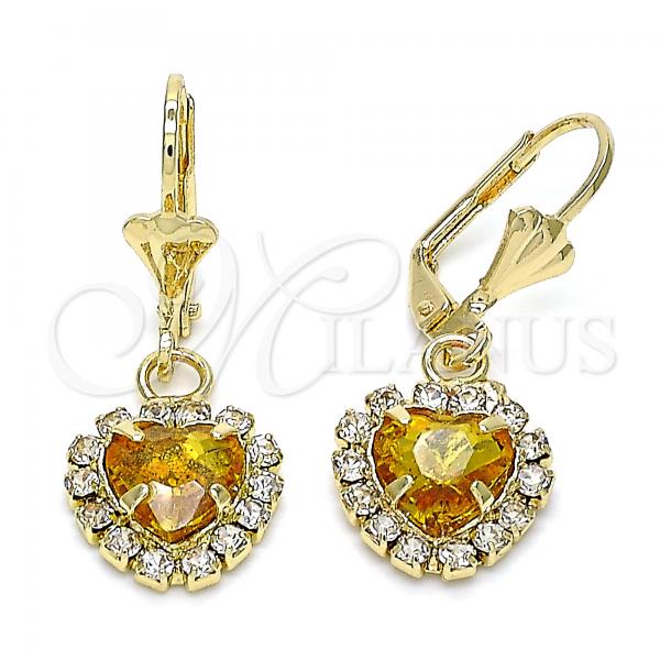 Oro Laminado Dangle Earring, Gold Filled Style Heart Design, with Dark Champagne and White Crystal, Polished, Golden Finish, 02.122.0114.4
