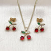 Oro Laminado Earring and Pendant Adult Set, Gold Filled Style Cherry Design, with Garnet and Green Cubic Zirconia, Polished, Golden Finish, 10.283.0025