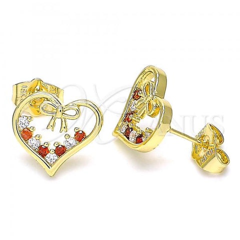 Oro Laminado Stud Earring, Gold Filled Style Heart and Bow Design, with Garnet and White Cubic Zirconia, Polished, Golden Finish, 02.195.0125.1