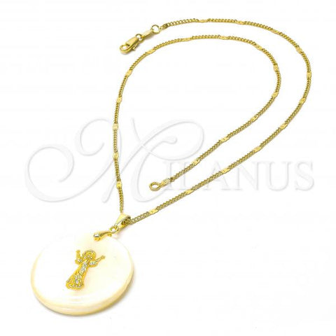 Oro Laminado Pendant Necklace, Gold Filled Style Divino Niño Design, with Ivory Mother of Pearl, Golden Finish, 04.09.0032.18