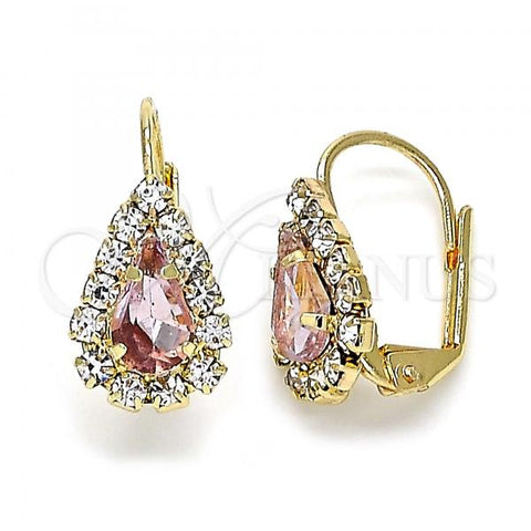 Oro Laminado Leverback Earring, Gold Filled Style Teardrop Design, with Rose and White Crystal, Polished, Golden Finish, 5.125.012.5