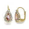 Oro Laminado Leverback Earring, Gold Filled Style Teardrop Design, with Rose and White Crystal, Polished, Golden Finish, 5.125.012.5