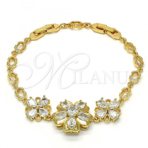Oro Laminado Fancy Bracelet, Gold Filled Style Flower Design, with White Cubic Zirconia, Polished, Golden Finish, 03.205.0037.07